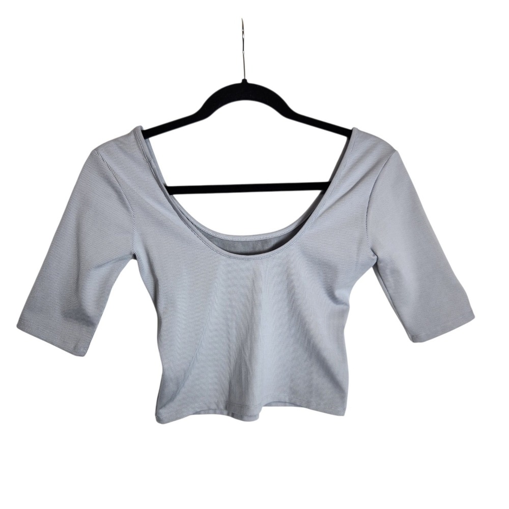 Vuori Ribbed Scoop Neck Crop Top Elbow Sleeve Light Blue Grey Size S